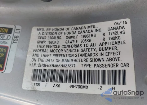 2015 Honda Civic Lx z USA, uszkodzony, nr VIN 2HGFG3B56FH527871
